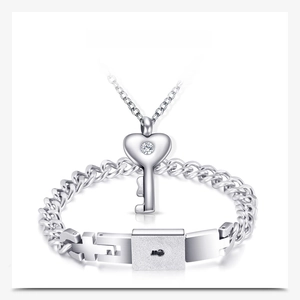 Polished silver heart key necklace and square lock bracelet set for couples