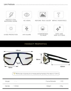 Detailed sizing guide and specifications for cycling glasses showing dimensions and UV400 frame