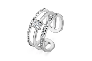 Detail of silver triple-layered adjustable open ring with sparkling cubic zirconia pavé