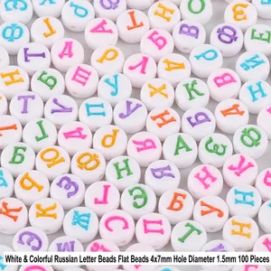 Macro view of 4x7mm white acrylic beads with colorful Russian Cyrillic letters for DIY
