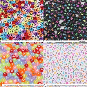 Macro detail of 4x7mm acrylic letter beads in four colorful styles for DIY jewelry making