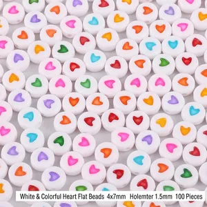 Detailed view of 4x7mm white acrylic beads with colorful heart patterns for DIY crafts