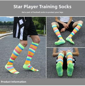 Close-up of rainbow striped football socks showing anti-slip blue grip texture on the sole