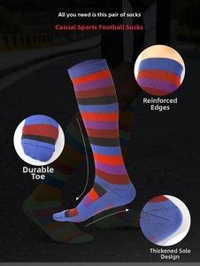 Detail view of striped crew socks featuring reinforced sole and overlock seam edges