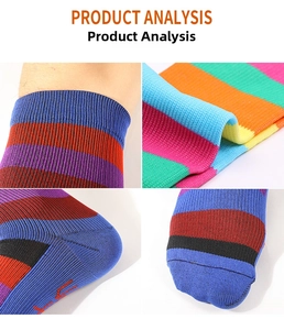 Detail showing elastic cuffs and stitching of colorful striped crew socks for sport