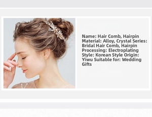 Detail of bridal hair comb with alloy base, crystals and pearls in Korean style