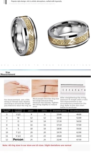 Detailed sizing chart showing ring circumference and diameter for titanium dragon rings
