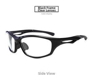 Side view of black sports glasses showing aerodynamic frame and clear plano lenses