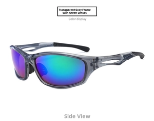 Side view of transparent gray sports sunglasses with green gradient coated lenses
