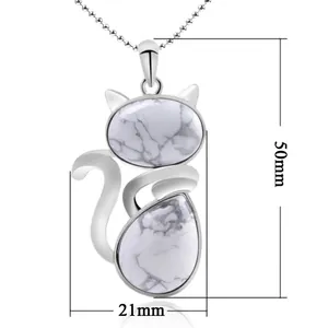Cute cat pendant necklace made of silver metal and white stone with marble texture