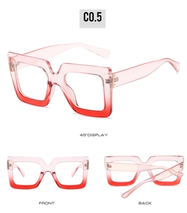 Detailed views of square anti-blue light glasses with pink and red gradient frames