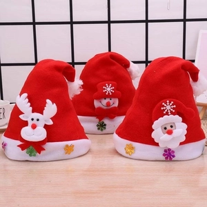Detail of Christmas hats featuring 3D Santa, Reindeer and Snowman plush decorations