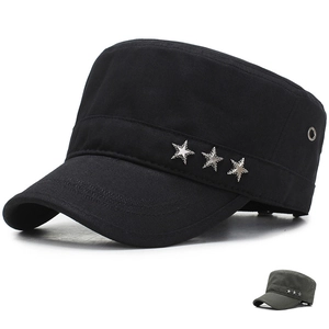 Cotton Flat Top Cadet Military Cap With Metal Star Rivets Adjustable Breathable Outdoor Sun Hat Vintage Style