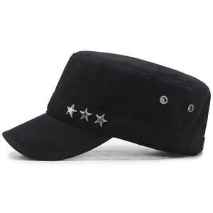 Black cotton flat top military cap with three silver star metal badges on a white background
