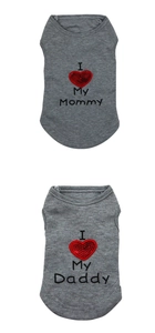 Detail showing grey ribbed pet vests with I Love My Mommy and Daddy sequin hearts