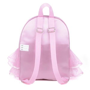 Pink ballet backpack for girls featuring tulle ruffles and an integrated name tag on the back