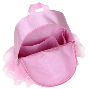 Internal view of pink ballet backpack showing spacious main compartment and pockets