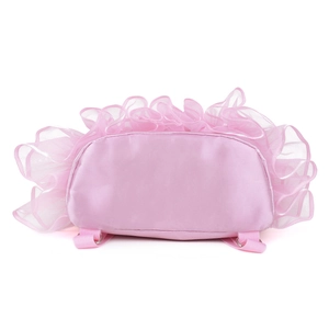 Detailed bottom view of pink satin ballet bag with tulle ruffles and adjustable straps