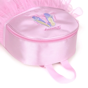 Detail of pink satin dance bag featuring mesh tutu trim and ballet shoe embroidery