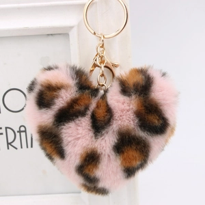 Leopard print heart plush keychain with gold lobster clasp and alloy ring accessory