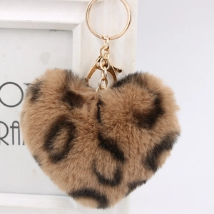 Leopard print heart-shaped plush keychain with golden metal clasp for women bags