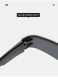 Détail de la charnière sécurisée et des strass sur les lunettes de soleil punk sans monture
