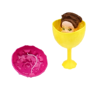 Detail view of doll head with glitter veil and base for scented cupcake surprise toy