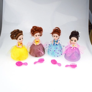Set of four mini princess dolls with colorful mesh dresses and pink combs for hair play