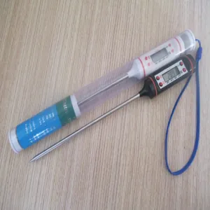 Digital food thermometer with stainless steel probe and LCD display for BBQ cooking