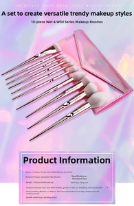 Detail view of 10 rose gold makeup brushes with a pink holographic storage pouch