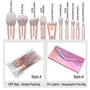 10-piece pink makeup brush set with assorted blending brushes and laser PU travel case