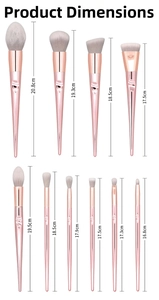 Detailed size specifications for 10-piece pink makeup brush set including powder and eye brushes