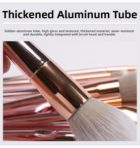 Detail of rose gold thickened aluminum tube and soft bristles on makeup brush set