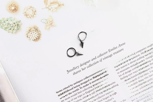 Detailed flat lay of black minimalist sterling silver earrings with triangle spikes on text