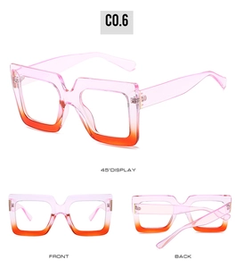 Detail view of square gradient pink and orange glasses frames with anti-blue light lenses