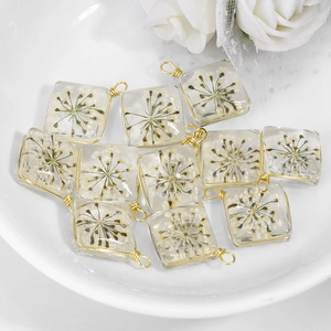 Creative square glass pendants with dried white flowers and gold wire wrap for DIY earrings