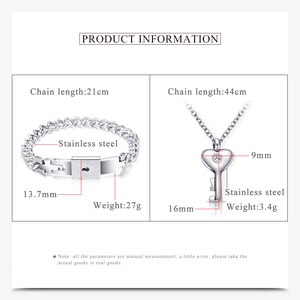 Detailed technical specifications for stainless steel lock bracelet and key necklace set