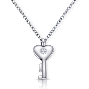 Polished silver heart key necklace with sparkling crystal gem on a classic O-link chain