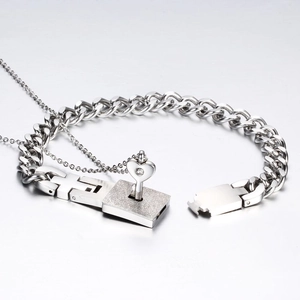 Silver stainless steel heart key necklace and interlocking lock bracelet jewelry set