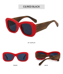 Detailed view of red cat-eye sunglasses with bamboo textured temples from multiple angles