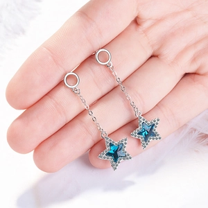 Elegant long silver star drop earrings with blue crystal pendant for women