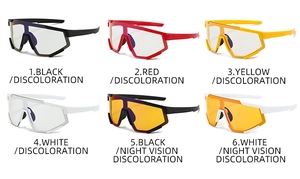 Matrix view of photochromic cycling sunglasses in black, red, yellow, and white frames