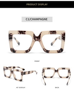 Detailed views of champagne tortoiseshell square eyeglass frames with blue light blocking lenses