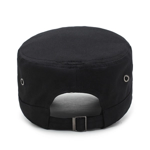 Classic black cotton cadet cap with adjustable metal buckle and breathable side eyelets