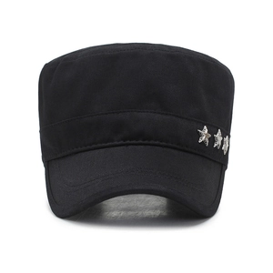 Classic black cotton cadet cap with decorative silver star studs and curved brim