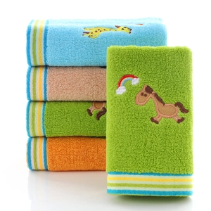 Soft cotton children towels with cartoon animal embroidery in blue beige green and orange