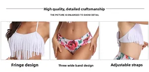 Detail view of white fringe bikini top and floral print bottom with triple side straps