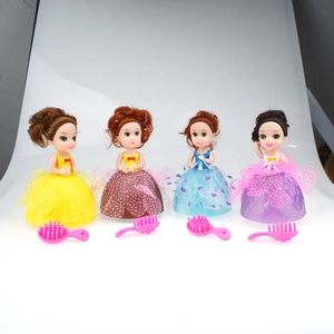 Set of four scented doll toys in colorful mesh skirts with matching pink combs