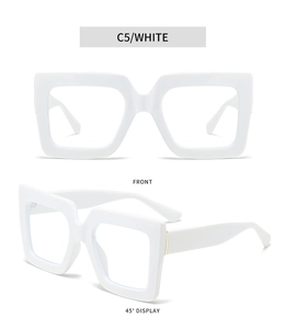 Front and 45-degree angle views of white square frame glasses with metal hinge detail