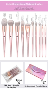 Set of 10 professional makeup brushes with laser storage bag and metallic pink handles